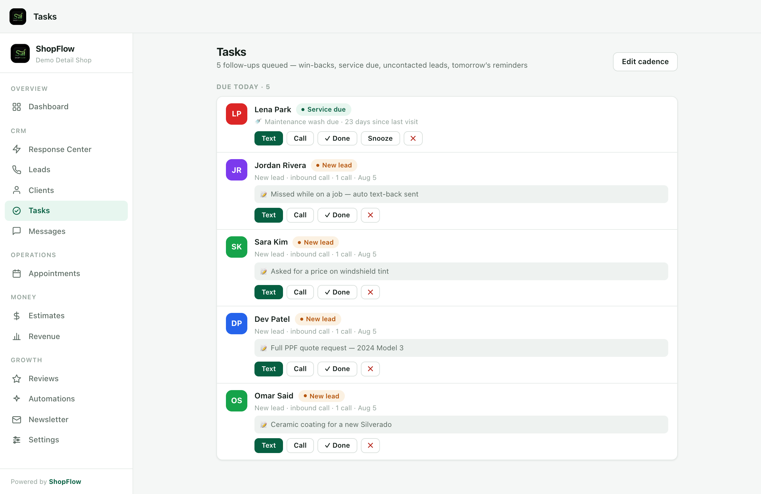 ShopFlow's Tasks page: auto-generated follow-ups — service due, win-backs and new leads, each with one-tap text or call